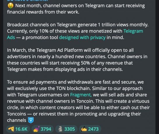 В Telegram появится официальная монетизация каналов